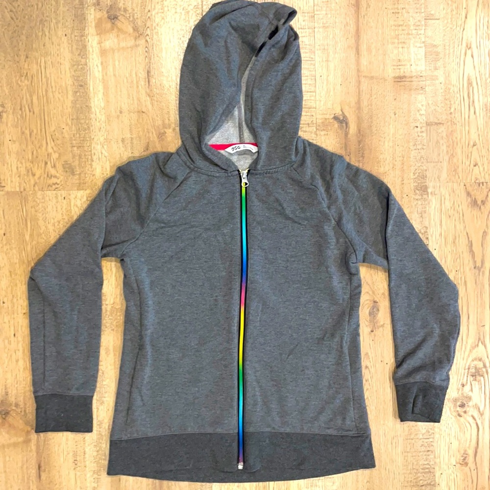 DSG Grey hoodie with rainbow zipper.